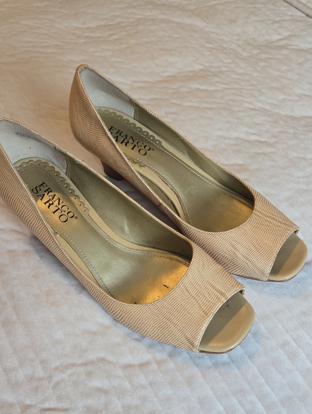 Franco Sarto Beige Peep-Toe Kitten Heel Pumps